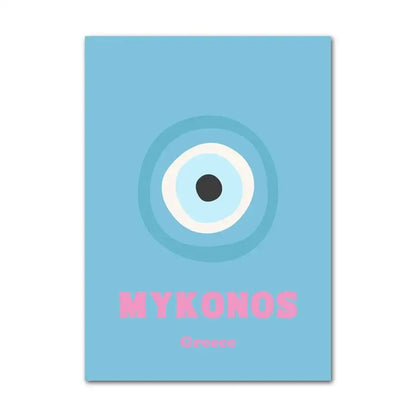 Light blue pastel smiley flower canvas wall art with stylized eye design and pink mykonos lettering by decorbites