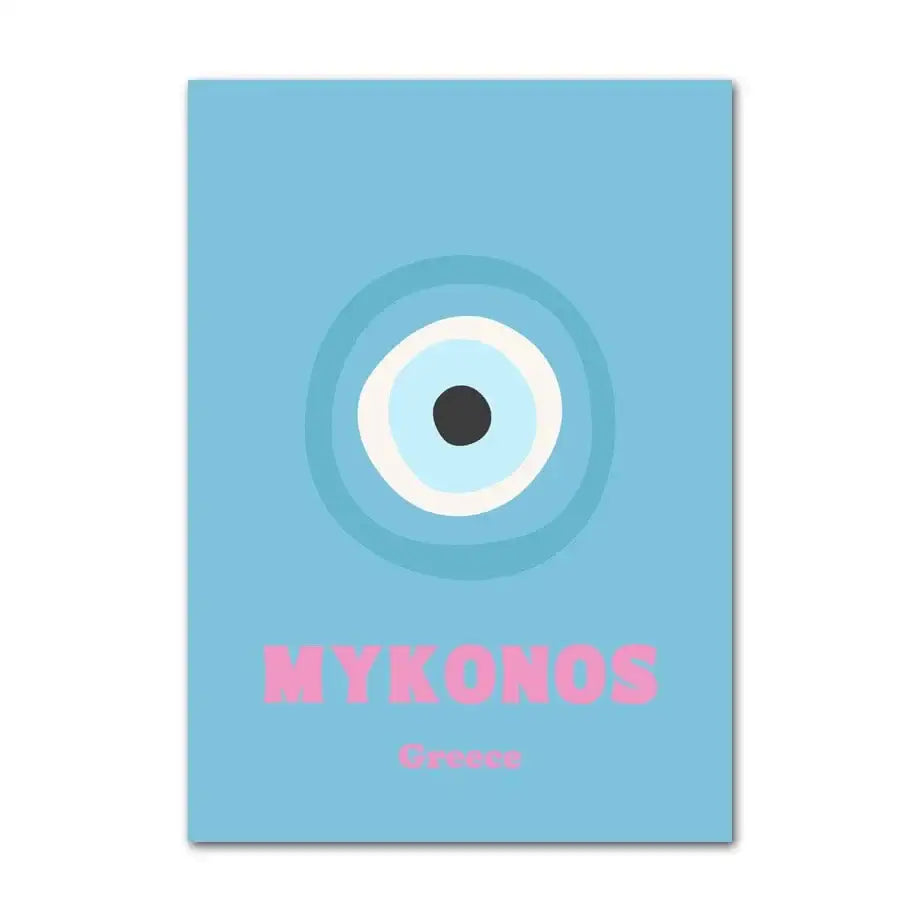 Light blue rectangular wall art with a stylized eye and pink mykonos text in decorbites pastel smiley flower canvas