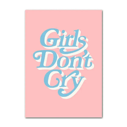 Pink rectangular canvas wall art featuring girls don’t cry in light blue cursive for pastel smiley flower decor