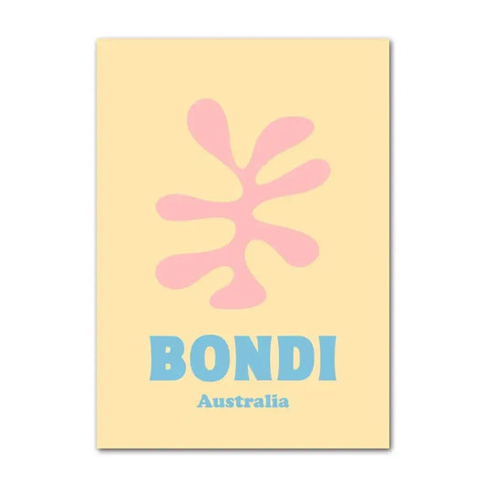 Pastel yellow rectangular wall art featuring a pink pastel smiley flower and bondi australia text on canvas by decorbites