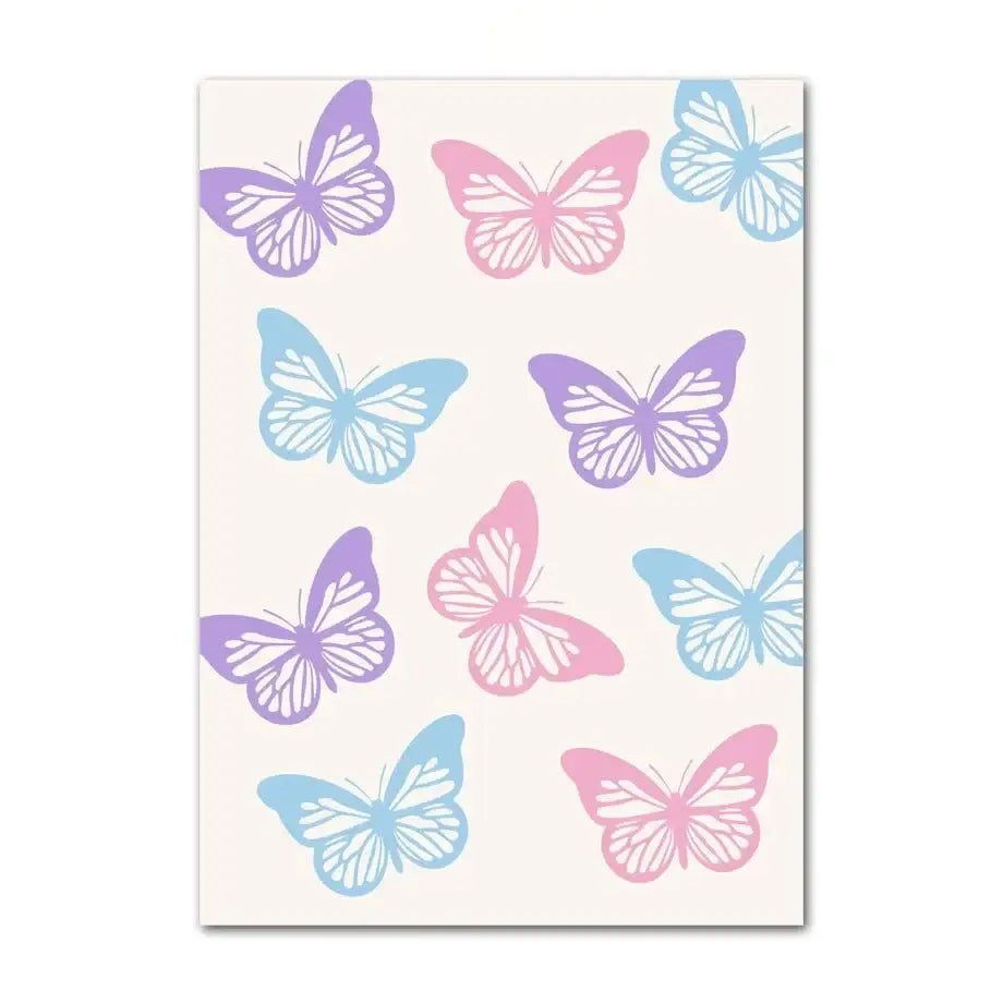 DecorBites™ pastel smiley flower wall art features butterfly-patterned decals in soft pink lavender and light blue on cream background