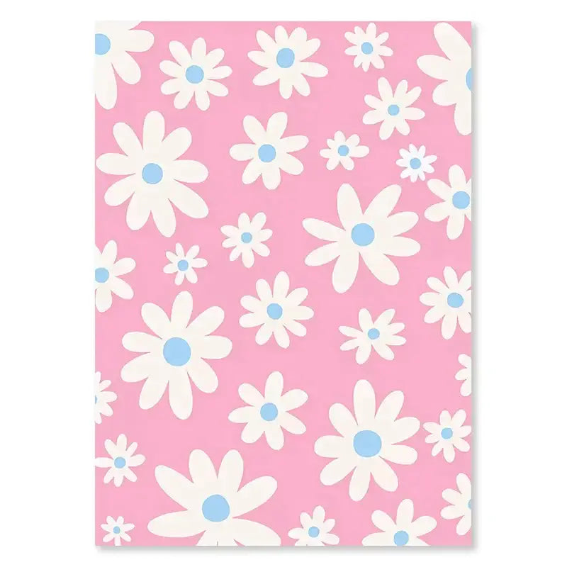 Pink floral notebook cover with white daisies and light blue centers inspired by decorbites pastel smiley flower wall art
