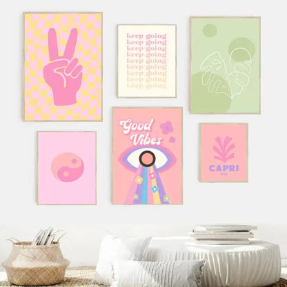 A set of six framed decorbites™ pastel smiley flower wall art posters featuring vibrant pink yellow and green designs