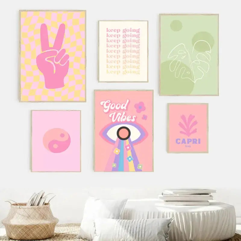 A set of six framed pastel smiley flower wall art posters with vibrant pink yellow and green minimalist designs by decorbites
