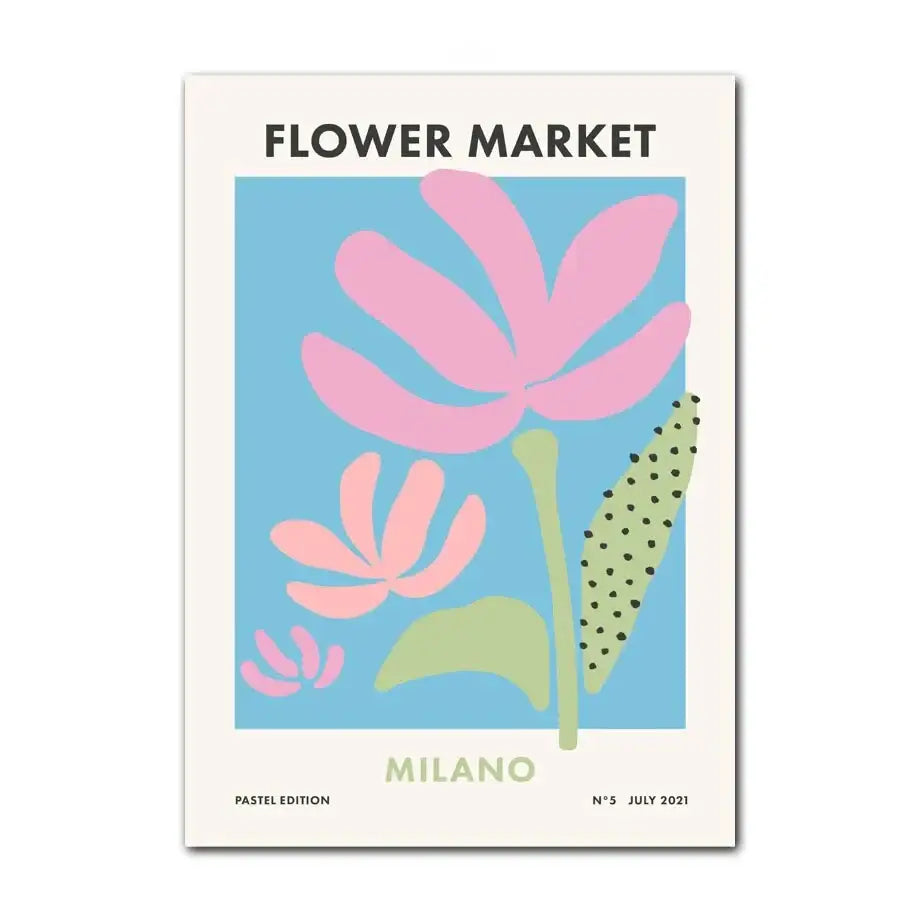 Decorbites™ pastel wall art poster print featuring abstract danish pink and peach blossoms on light blue background