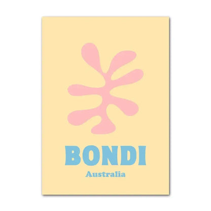 Pastel yellow rectangular wall art poster featuring an abstract danish pink flower and blue bondi australia text