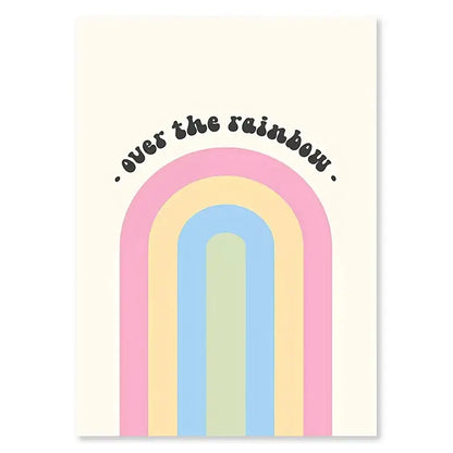 Pastel wall art poster print featuring abstract danish flower design with over the rainbow phrase in black cursive script