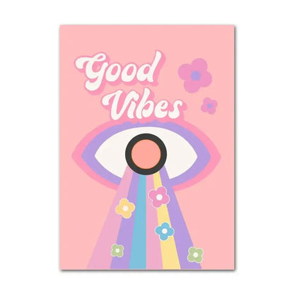Pink rectangular pastel wall art poster featuring abstract danish flower and stylized eye with good vibes text