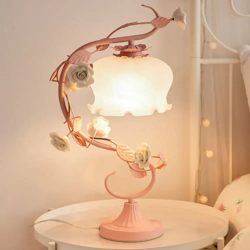 Decorbites™ pastoral style table lamp with ceramic rose and white glass shade suitable for 110v-120v and 220v-240v use