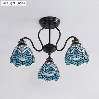 Decorbites™ peacock stained glass semi flush light with blue and white stained glass and black metal arms