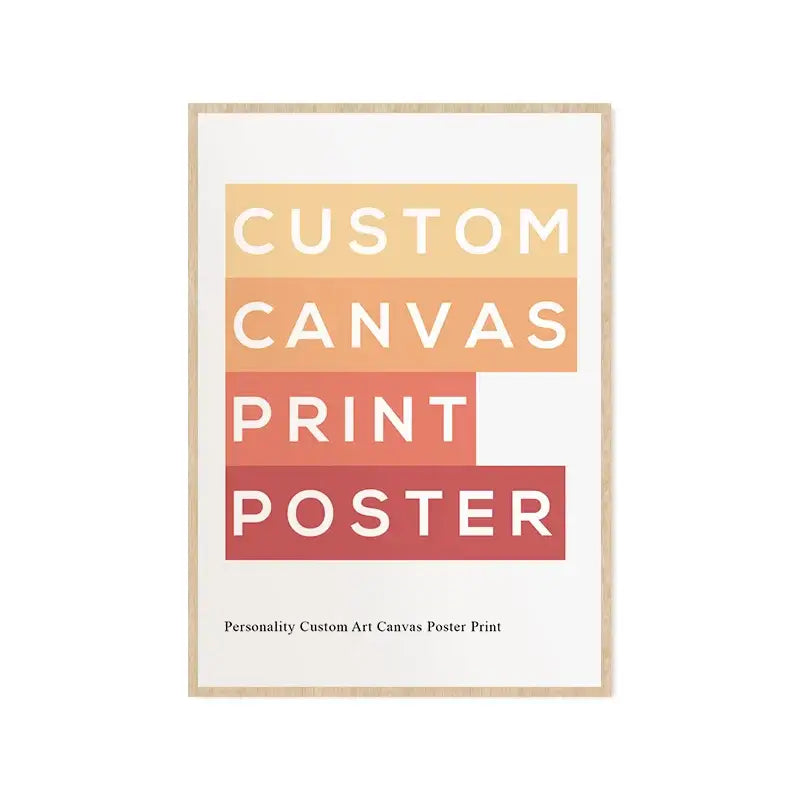 DecorBites™ personalized custom canvas wall art print with bold white text on warm orange and red bands framed in light wood