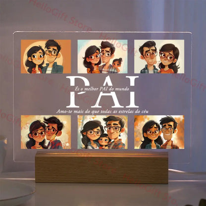 Clear acrylic lamp with custom photo and portuguese text on wooden base featuring protective film decorbites personalized gift