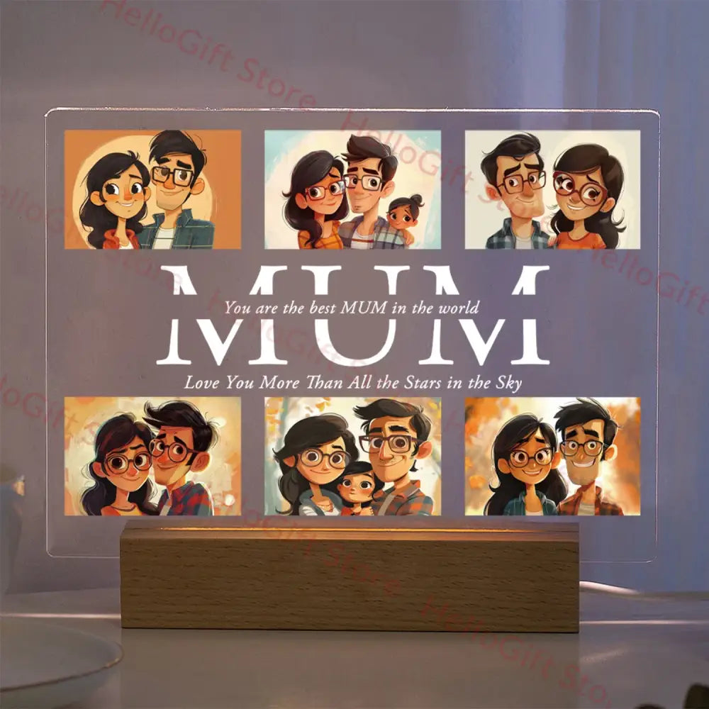 Clear acrylic lamp with engraved mum text and six family portraits illuminated by wooden base for custom photo gifts