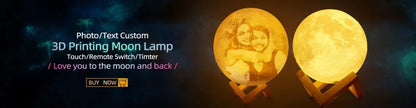 Golden acrylic lamp shaped like the moon with a custom photo etched on the surface and a protective film for gifting
