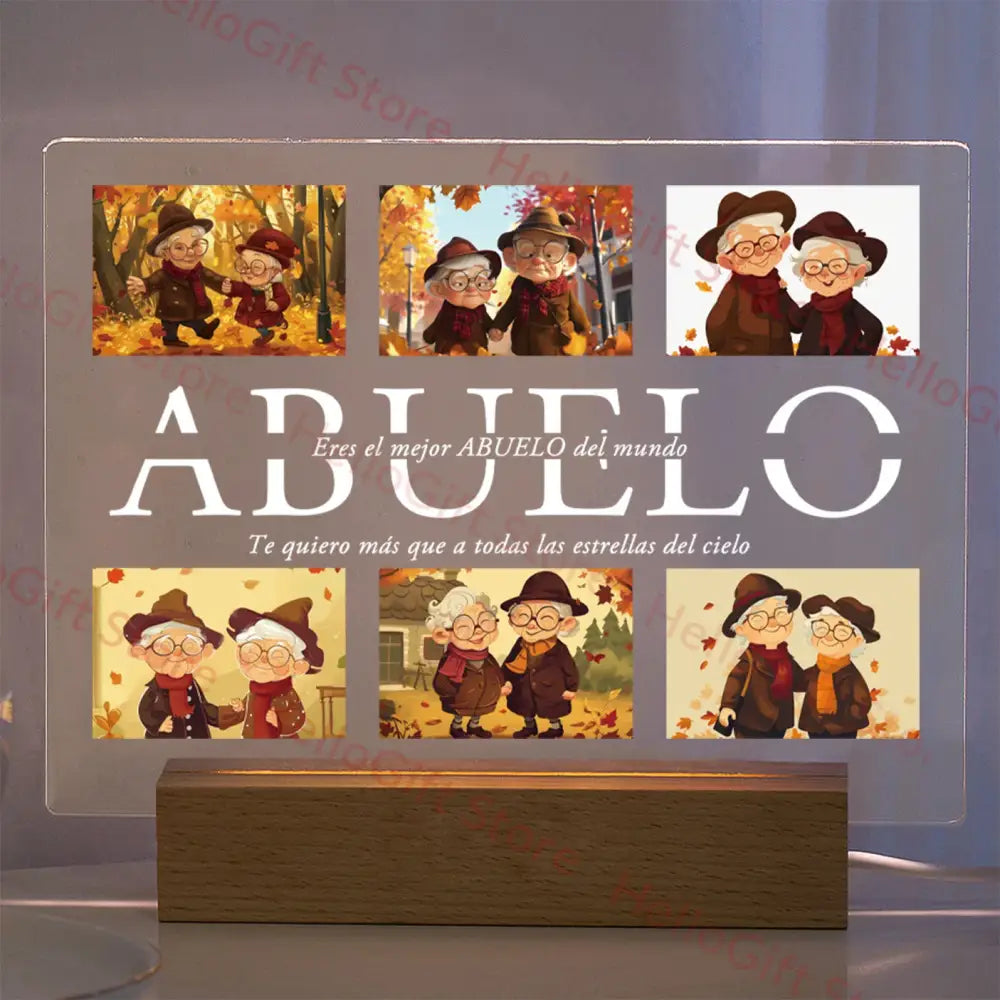 DecorBites™ custom photo acrylic lamp with protective film translucent light box wooden base featuring abuelo text