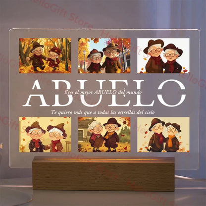 DecorBites™ custom photo acrylic lamp with protective film translucent light box wooden base featuring abuelo text