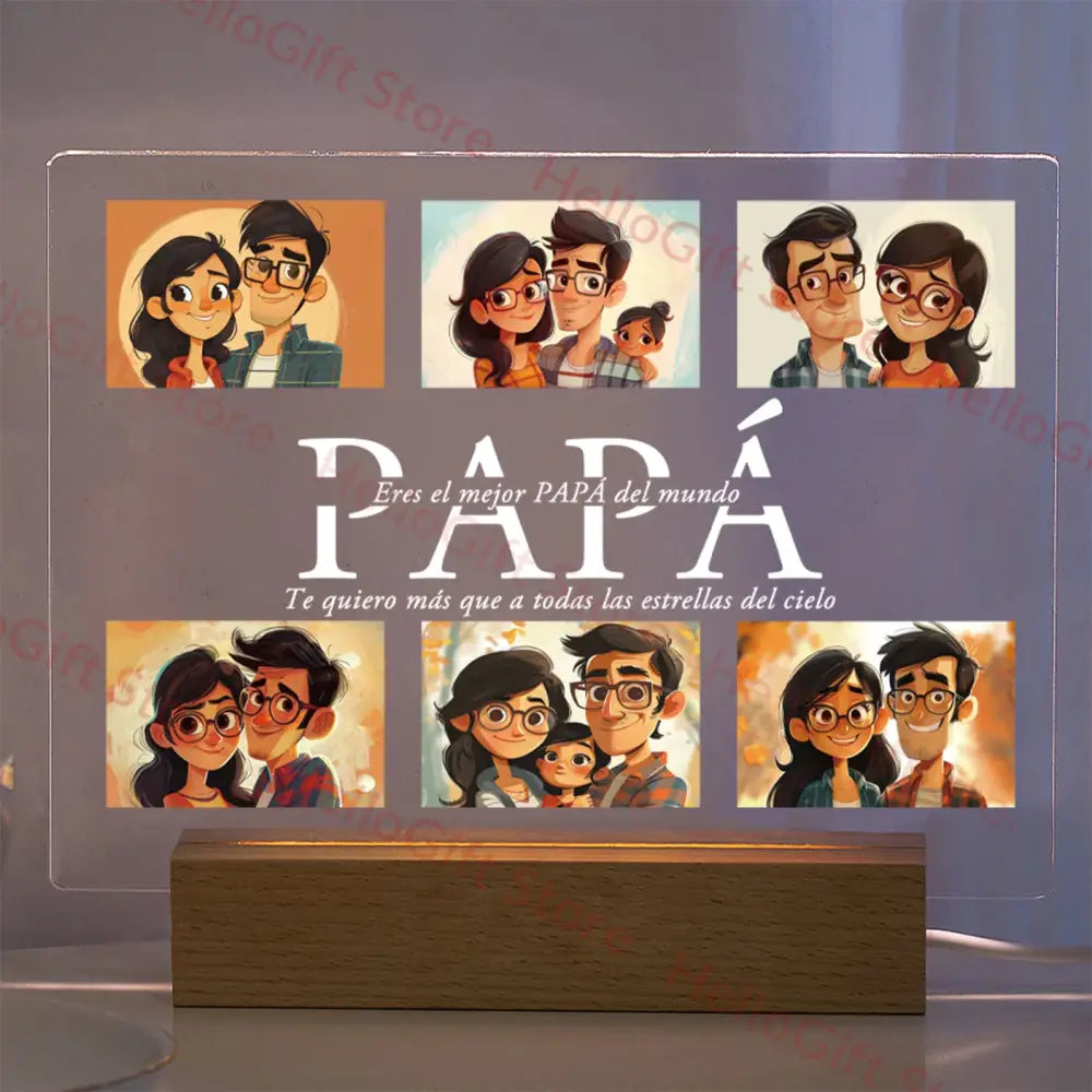 DecorBites personalized acrylic lamp with wooden base displaying custom photo and Spanish text papá with protective film