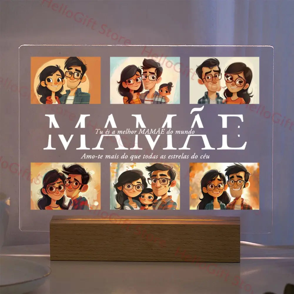 Clear acrylic lamp with custom photo and mamãe text on warm wooden base featuring protective film for family gift