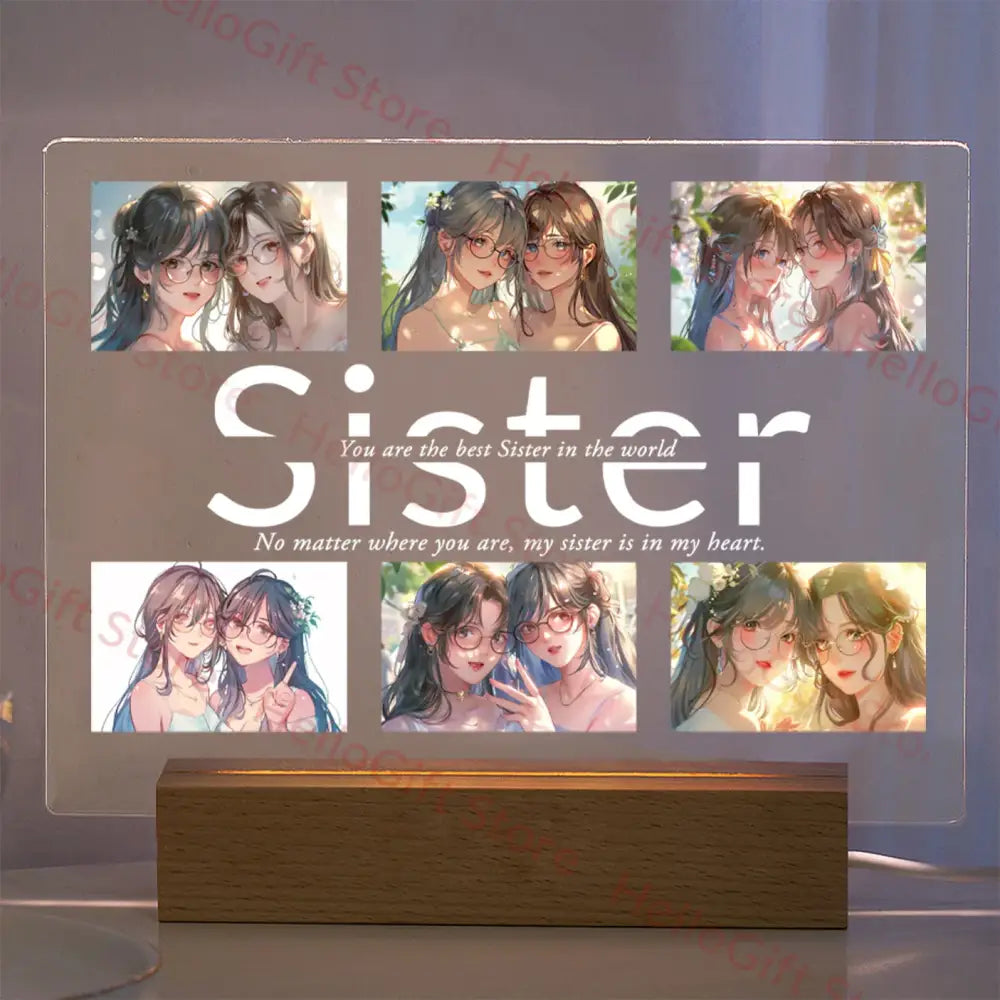 Transparent acrylic lamp with six custom photo anime sister images and protective film for personalized bedroom gift