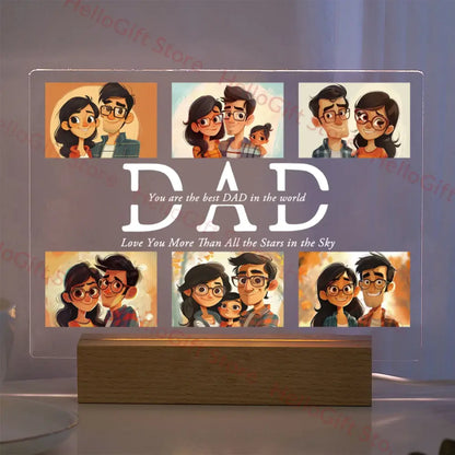Decorbites personalized custom photo 3d acrylic lamp with wooden base displaying cartoon family portraits and dad text