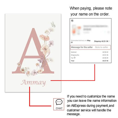 Decorbites™ personalized pink floral nursery wall art featuring a delicate pink letter a on white canvas