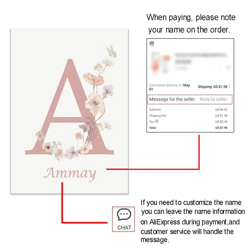 Decorbites™ personalized pink floral nursery wall art featuring a delicate pink letter a on white canvas
