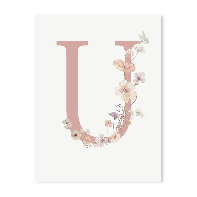 Delicate pink floral letter u wall art with pastel blossoms and butterflies for personalized nursery decorbites canvas