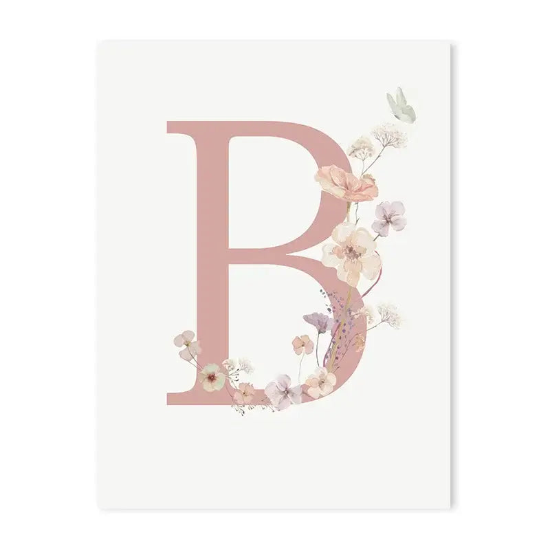 Delicate pink floral wall art featuring a letter b with pastel blossoms and butterflies for nursery decor