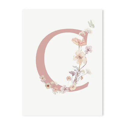 DecorBites™ personalized pink floral wall art featuring a delicate letter c with pastel flowers on smooth white paper