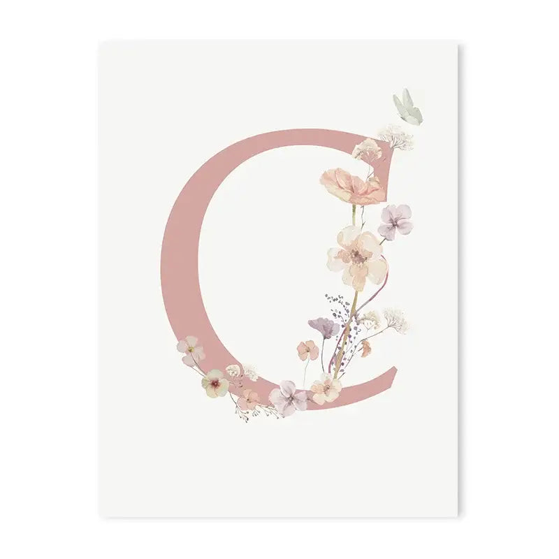 DecorBites™ personalized pink floral wall art featuring a delicate letter c with pastel flowers on smooth white paper
