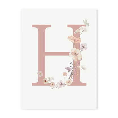 Decorbites personalized pink floral wall art featuring a delicate pink letter h with a blush floral wreath