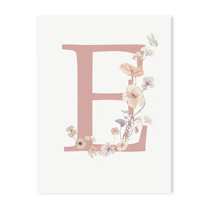 Decorbites™ personalized pink floral wall art featuring a delicate pink letter e with pastel blossoms and butterflies