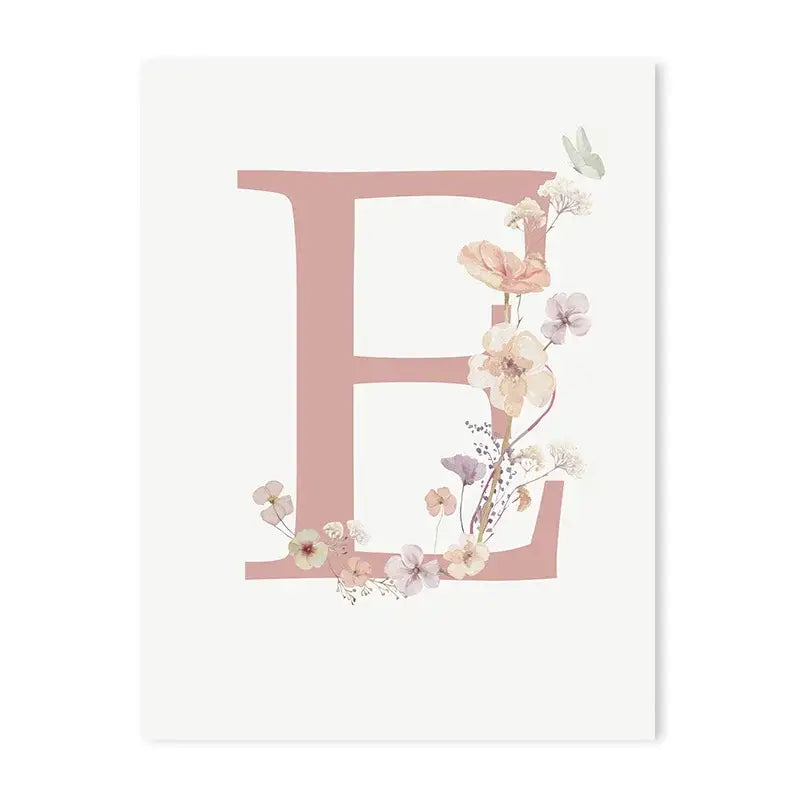 Decorbites™ personalized pink floral wall art featuring a delicate pink letter e with pastel blossoms and butterflies