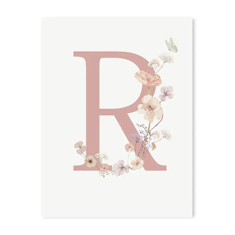 Decorbites™ personalized pink floral wall art featuring a delicate letter r with pastel flowers on white canvas
