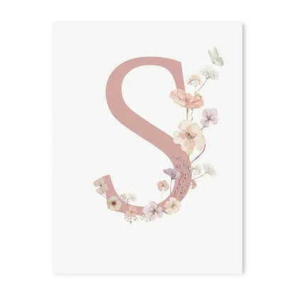 Delicate pink floral canvas featuring a letter s with pastel flowers and a butterfly for nursery wall art decor