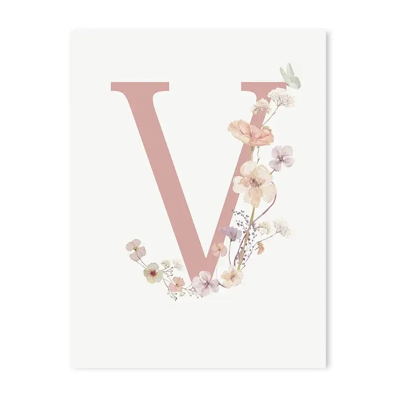 Delicate pink floral canvas wall art featuring a personalized letter v with pastel blossoms and butterflies for nursery decor