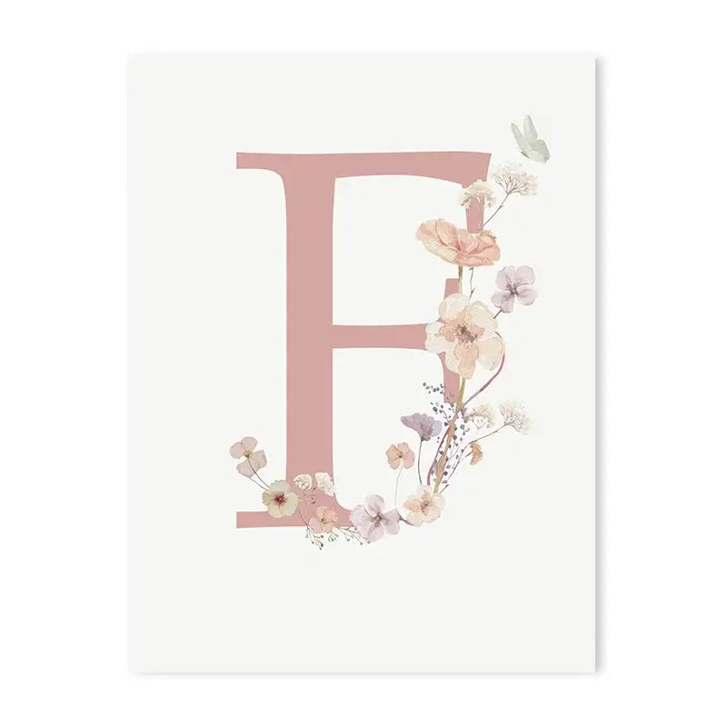 Decorbites™ personalized pink floral wall art featuring a delicate pink letter e with pastel flowers on white paper