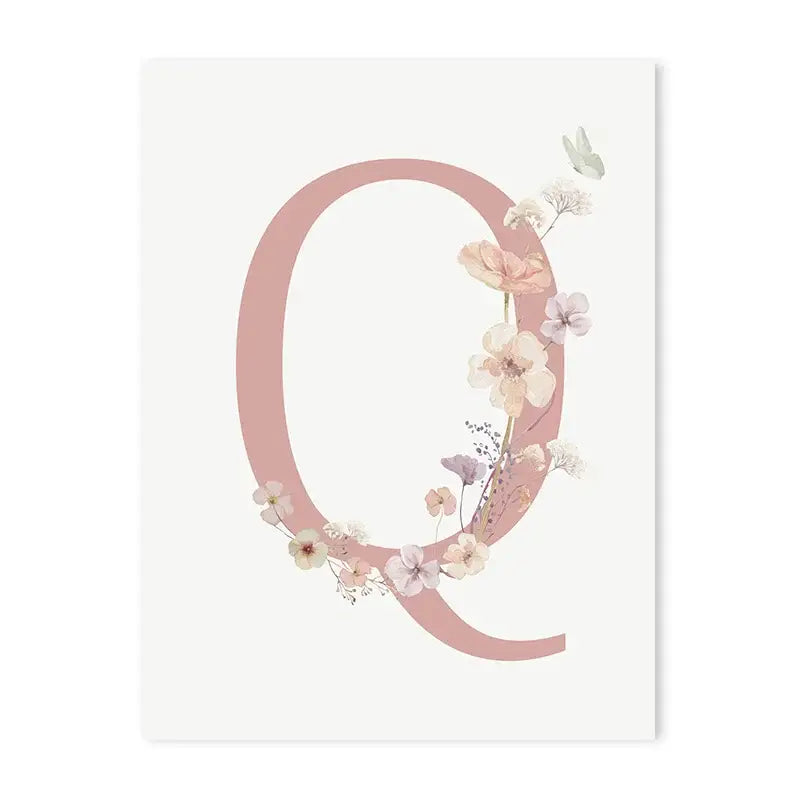 A delicate pink floral wall art featuring a letter Q with pastel blossoms and butterflies for nursery decor