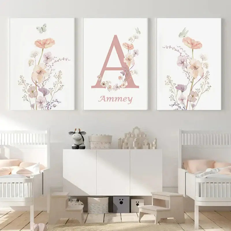 Decorbites™ personalized pink floral wall art featuring a pastel pink and white floral canvas with letter a and name ammeey