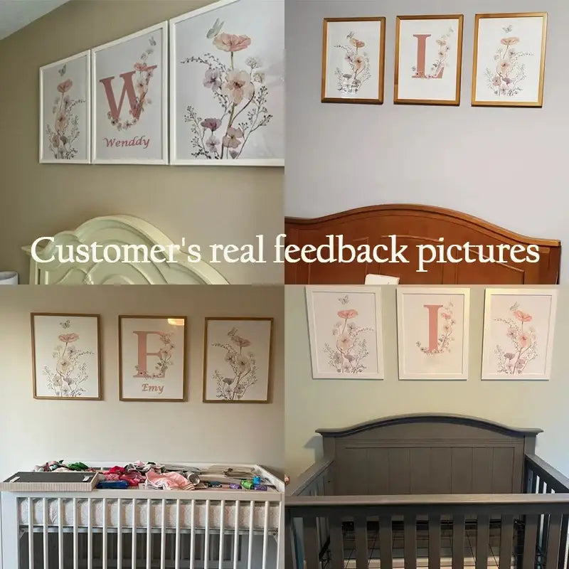 Set of four framed nursery wall art prints by DecorBites with pink floral canvas and rose gold lettering in white frames