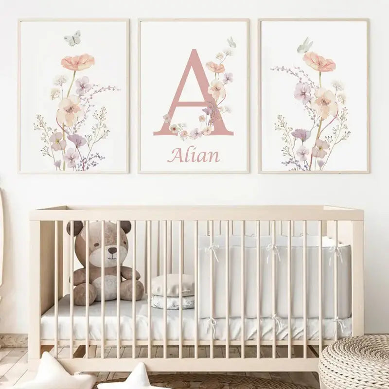 Set of three DecorBites™ pink floral wall art prints featuring soft blossoms and butterflies in light wood frames