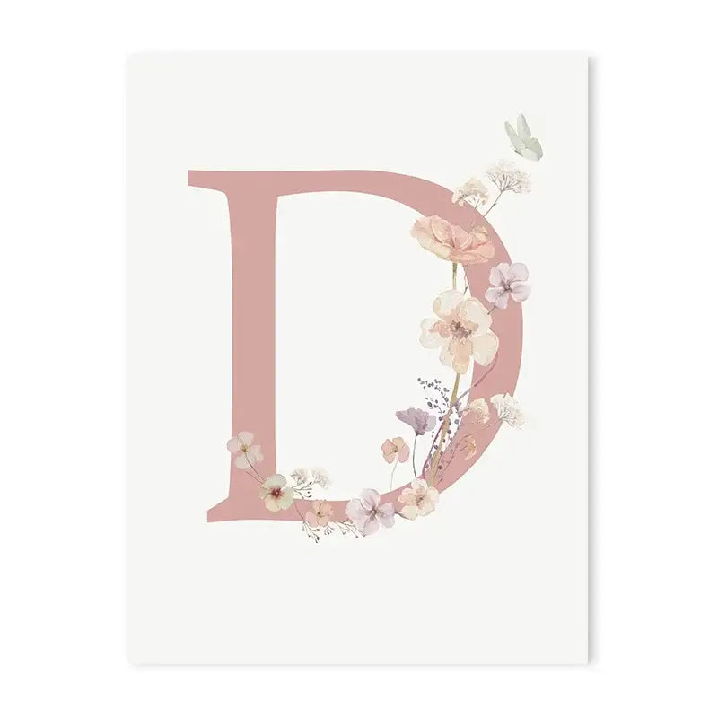 Decorbites™ personalized pink floral wall art featuring a soft pink letter d with pastel flowers and butterfly on white background