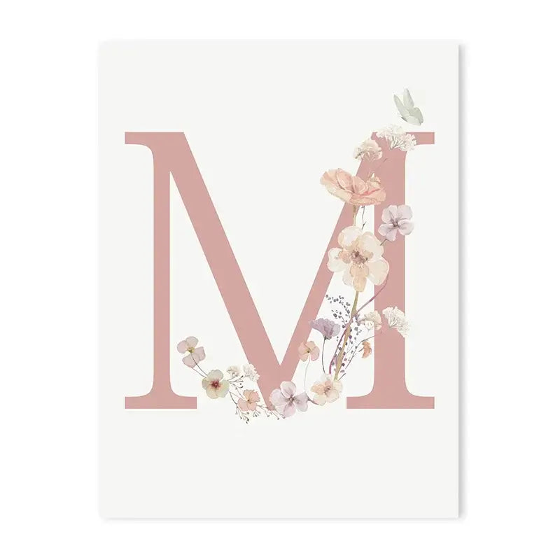 Decorbites™ personalized pink floral nursery wall art featuring a soft pink floral canvas letter m with pastel flowers and butterfly