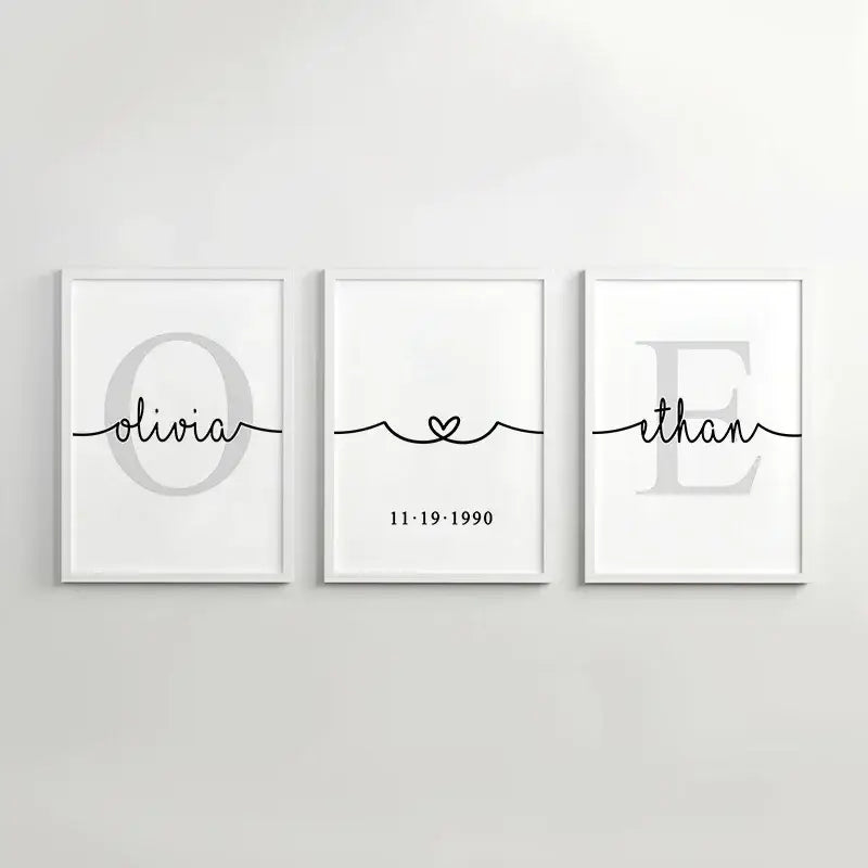 DecorBites™ personalized set of 3 minimalist wall art with black cursive script and gray monogram on white canvas paintings