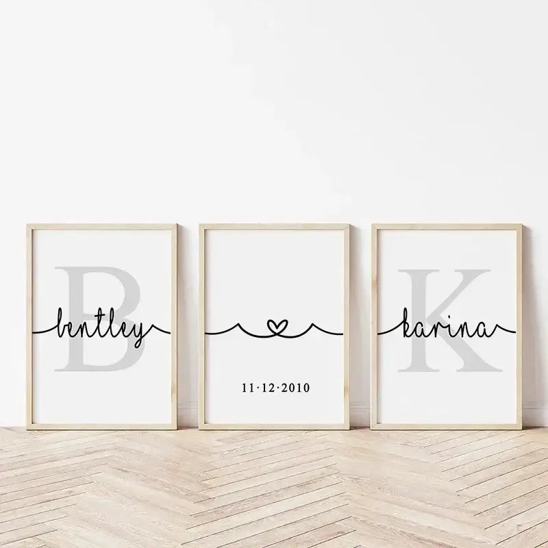 DecorBites™ personalized set of 3 minimalist wall art with black cursive script and gray monogram on white canvas paintings