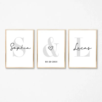 DecorBites personalized set of 3 custom name wall art with black cursive script in gold frames on white canvas paintings