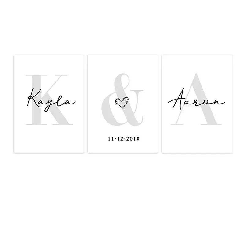 Set of three minimalist personalized wedding-themed wall art canvas paintings by decorbites in black cursive on white