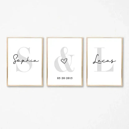 Set of three minimalist personalized wall art prints with black cursive script and gold-toned frames for home decor