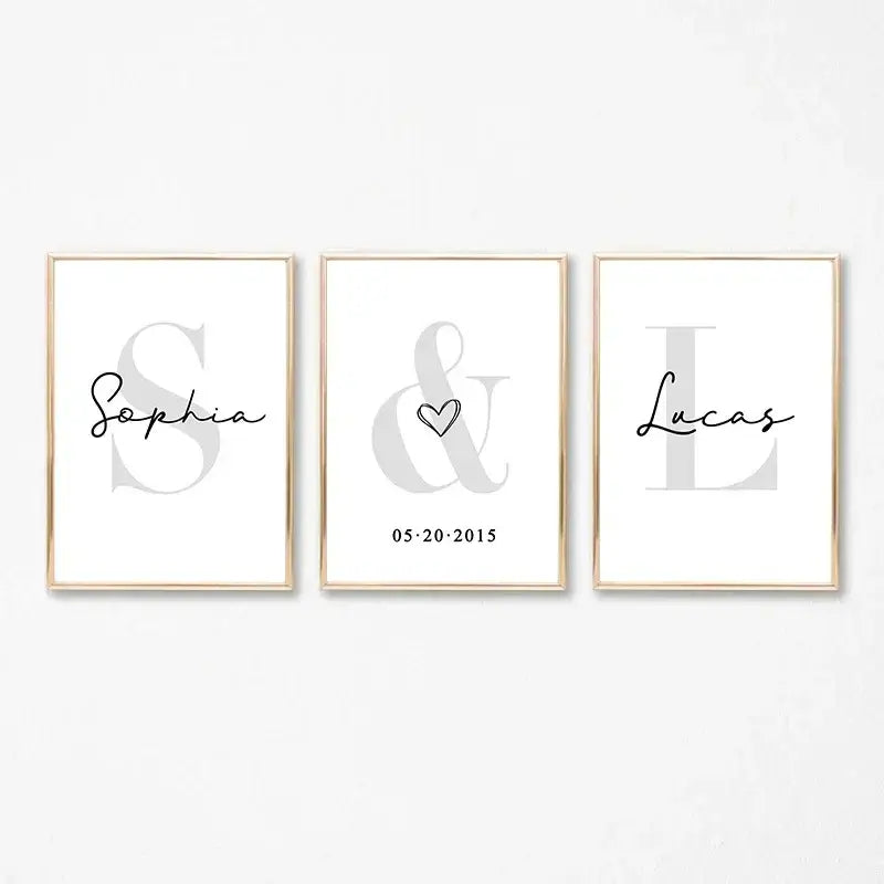 Set of three minimalist personalized wall art prints with black cursive script and gold-toned frames for home decor