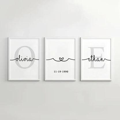 Decorbites personalized set of 3 wall art with black cursive script and gray monogram on white art canvas papers